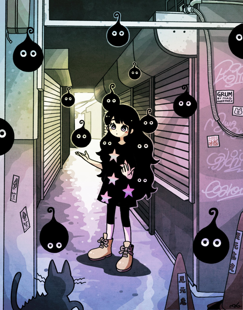 1girl, alley, asymmetrical_bangs, black_cat, black_eyes, black_hair, black_shirt, black_shorts