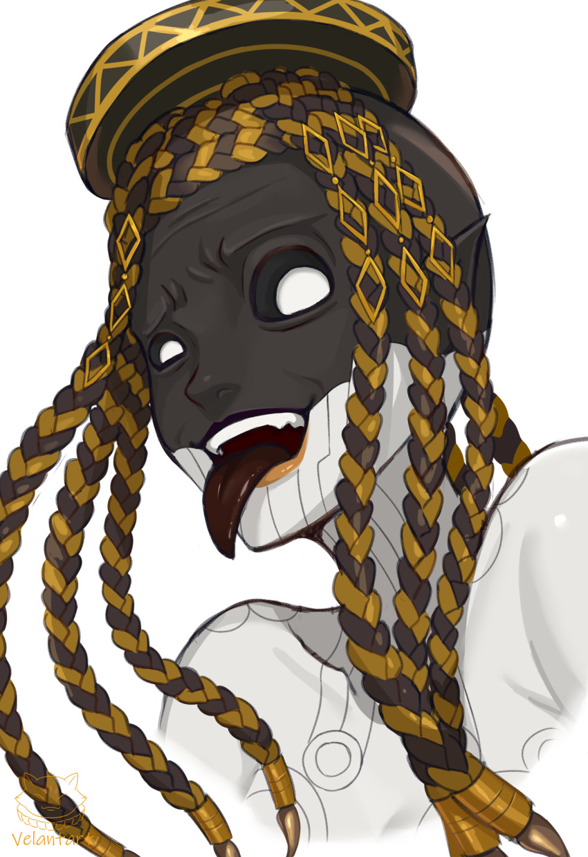 1girl, black_sclera, black_skin, braid, colored_sclera, colored_skin, commentary_request, demon_(megami_tensei), eisheth_zenunim_(megami_tensei), highres, multiple_braids, shin_megami_tensei, shin_megami_tensei_v, shin_megami_tensei_v:_vengeance, simple_background, solo, tongue, tongue_out, velantart, white_background, white_eyes, white_skin
