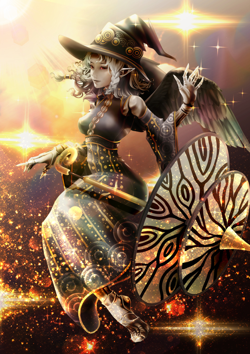 1girl, absurdres, agrat_bat_mahlat_(megami_tensei), barefoot, black_dress, black_hat, black_wings, braid, breasts, chinaisobad, closed_mouth, colored_skin, commentary_request, demon_(megami_tensei), dress, floating, grey_skin, hat, highres, holding, holding_umbrella, large_breasts, long_dress, midair, pointy_ears, red_eyes, shin_megami_tensei, shin_megami_tensei_v, shin_megami_tensei_v:_vengeance, smile, solo, sparkle, twin_braids, umbrella, white_hair, wings, witch_hat