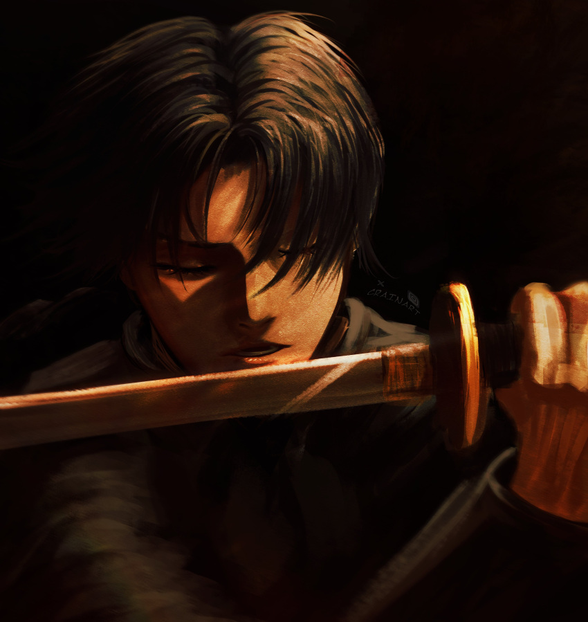 1girl, absurdres, black_background, black_hair, closed_eyes, crain1art, darkness, face_in_shadow