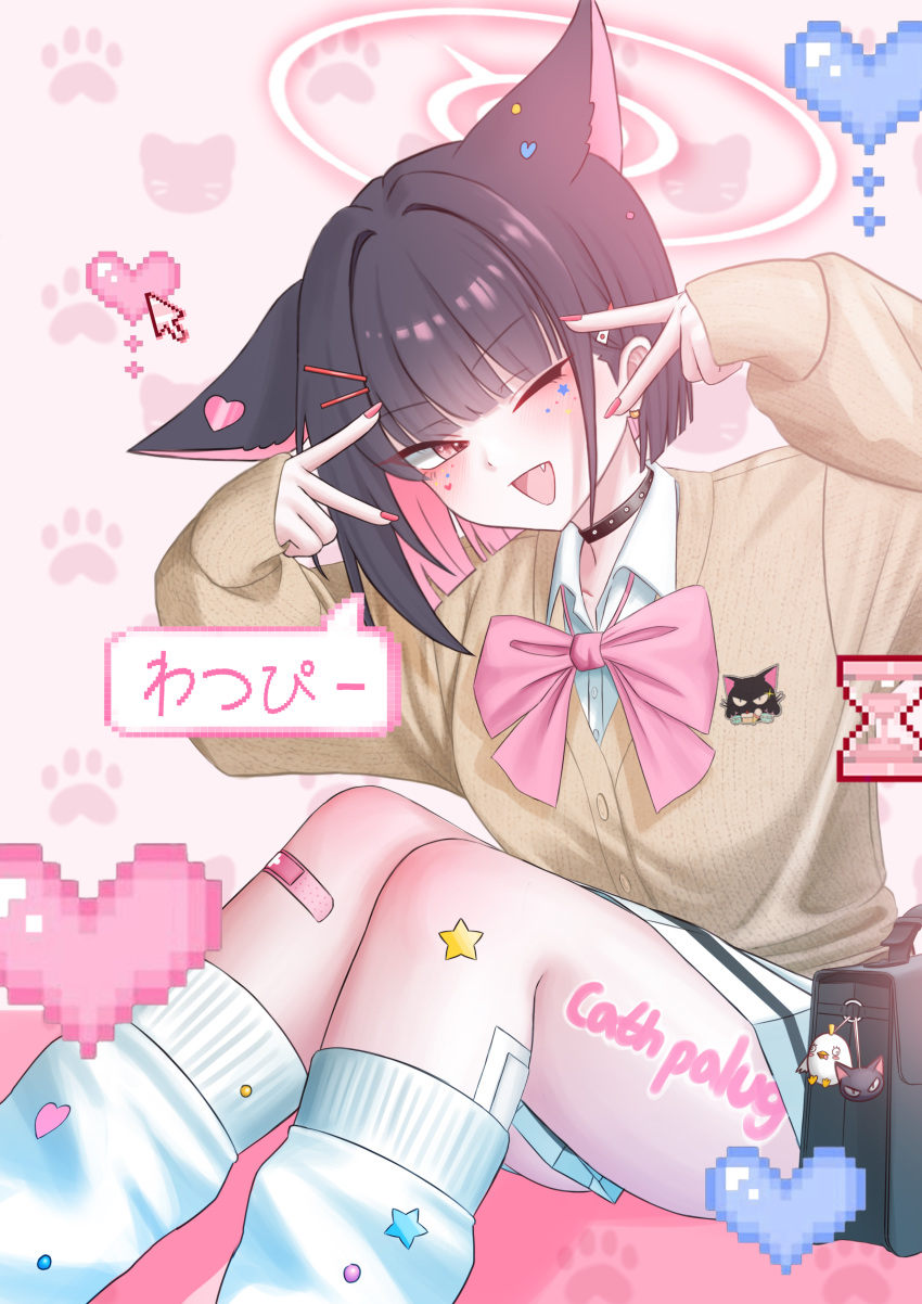 1girl, ;d, =_hair_ornament, absurdres, alternate_costume, animal_ears, bag, black_choker