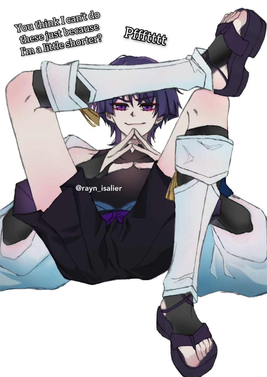 1boy, black_bodysuit, black_bridal_gauntlets, black_leggings, black_sandals, black_shorts, blue_kimono, blunt_ends