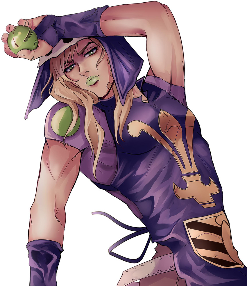 1boy, belt, blonde_hair, bridal_gauntlets, emblem_of_the_kingdom_of_naples, executioner_hood, green_eyes, green_lips