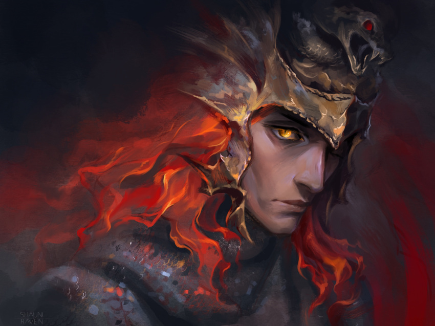 1boy, animal_helmet, armor, chainmail, closed_mouth, commentary, elden_ring, elden_ring:_shadow_of_the_erdtree, english_commentary, from_side, helmet, highres, looking_ahead, male_focus, messmer_the_impaler, one_eye_covered, red_eyes, red_hair, shauniraven, slit_pupils, snake, solo, upper_body, yellow_eyes