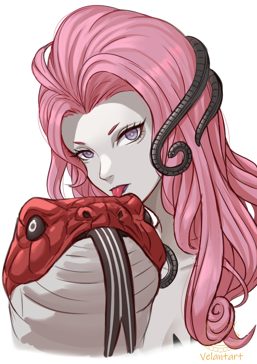 1girl, colored_skin, commentary_request, curly_hair, demon_(megami_tensei), eyelashes, forked_tongue, grey_eyes