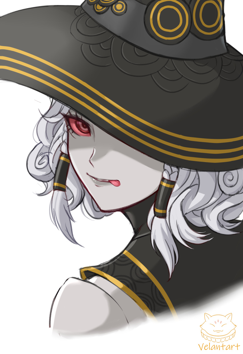 1girl, agrat_bat_mahlat_(megami_tensei), black_hat, colored_skin, commentary_request, curly_hair, demon_(megami_tensei), eyelashes