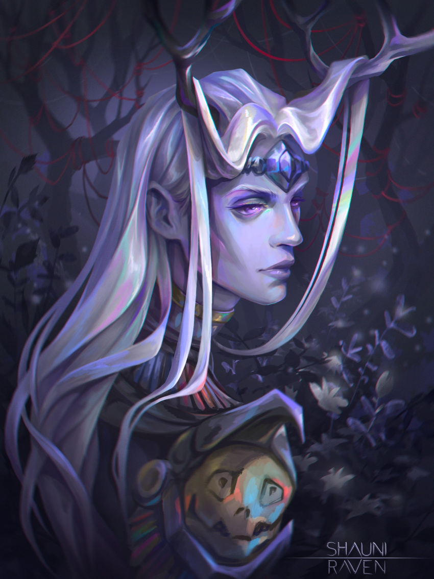 1boy, absurdres, androgynous, antlers, armor, bare_tree, blue_gemstone, colored_skin