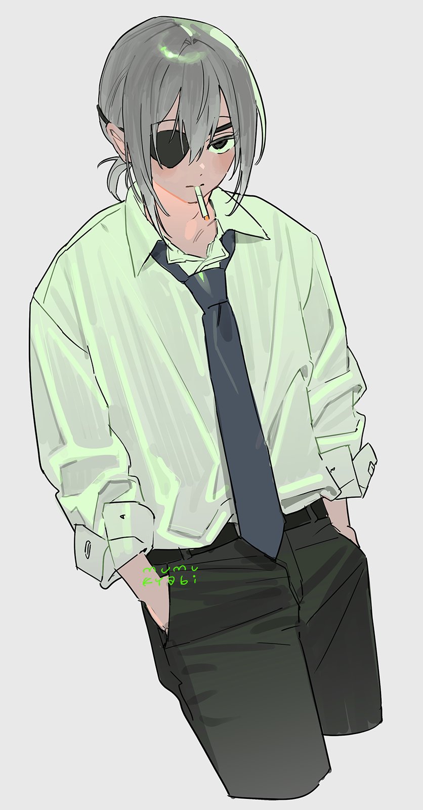 1boy, artist_name, belt, black_belt, black_eyes, black_necktie, black_pants, cigarette, collared_shirt, cropped_legs, dot_nose, eyepatch, green_shirt, grey_hair, hair_between_eyes, hands_in_pockets, highres, looking_at_viewer, male_focus, mumukyabi, necktie, open_collar, original, pants, ponytail, shirt, short_hair, short_ponytail, sidelocks, simple_background, smoking, white_background, white_shirt