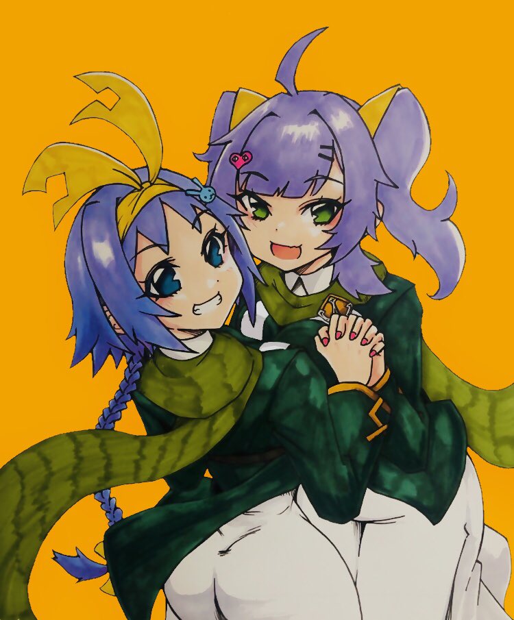 2girls, :d, ahoge, antoniotto_usodimare_(azur_lane), azur_lane, blue_eyes, bouya_san, green_eyes, green_scarf, grin, hair_ornament, hair_ribbon, hairband, hairclip, holding_hands, long_braid, looking_at_viewer, medium_hair, multiple_girls, nicoloso_da_recco_(azur_lane), open_mouth, orange_background, purple_hair, red_nails, ribbon, scarf, siblings, simple_background, sisters, smile, traditional_media, yellow_hairband, yellow_ribbon