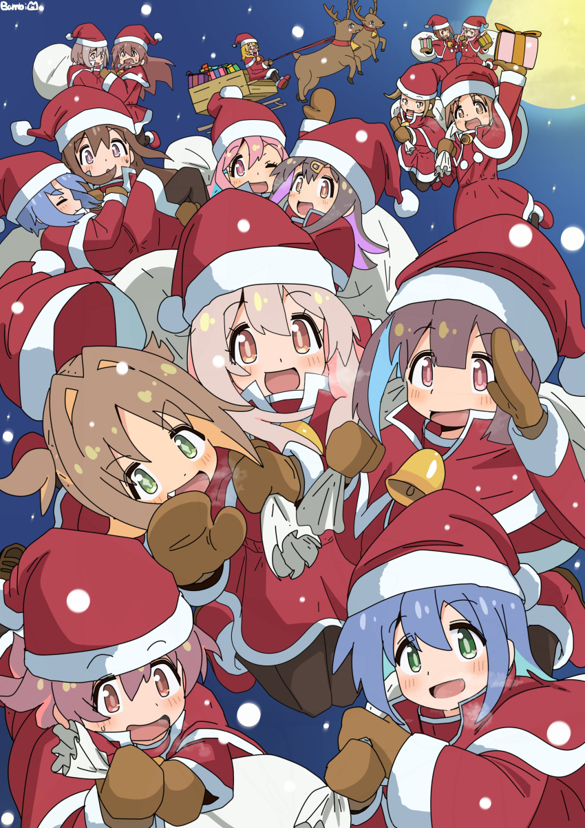2boys, 6+girls, :d, absurdres, aqua_hair, artist_name, bambi2000line, bell