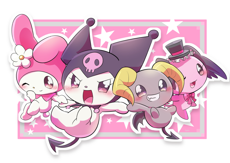 1boy, 3girls, animal_ears, berry_(sanrio), blush, border, cherry_(sanrio), chibi
