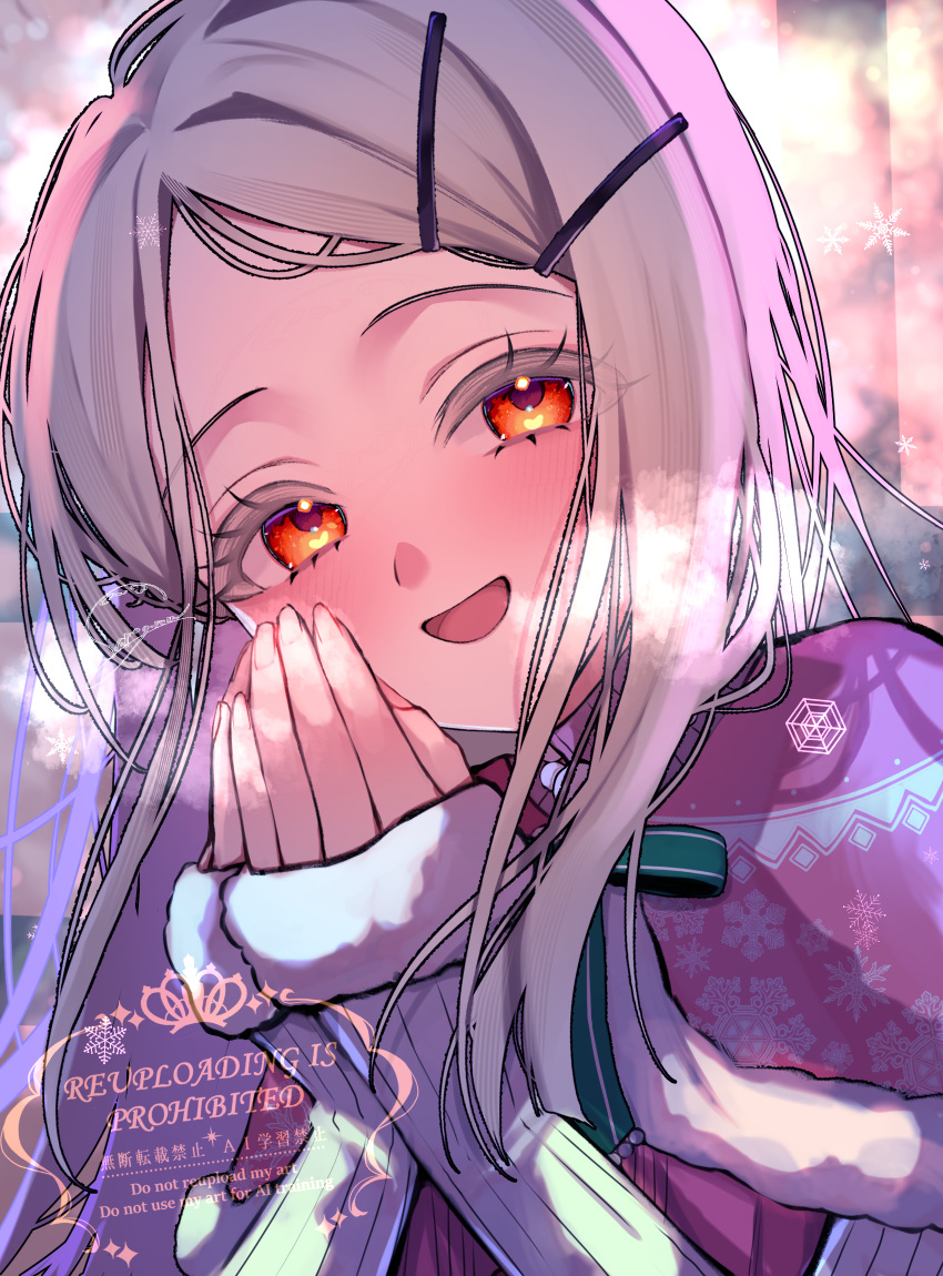 blush, capelet, colored_eyelashes, eukr5772, forehead, fur_trim, gakuen_idolmaster, green_ribbon, hair_ornament, hairclip, highres, idolmaster, long_hair, looking_at_viewer, open_mouth, own_hands_together, pink_capelet, ribbon, shinosawa_hiro, sidelocks, sleeves_past_wrists, steam_from_mouth, sweater, upper_body, warming_hands, white_hair, white_sweater