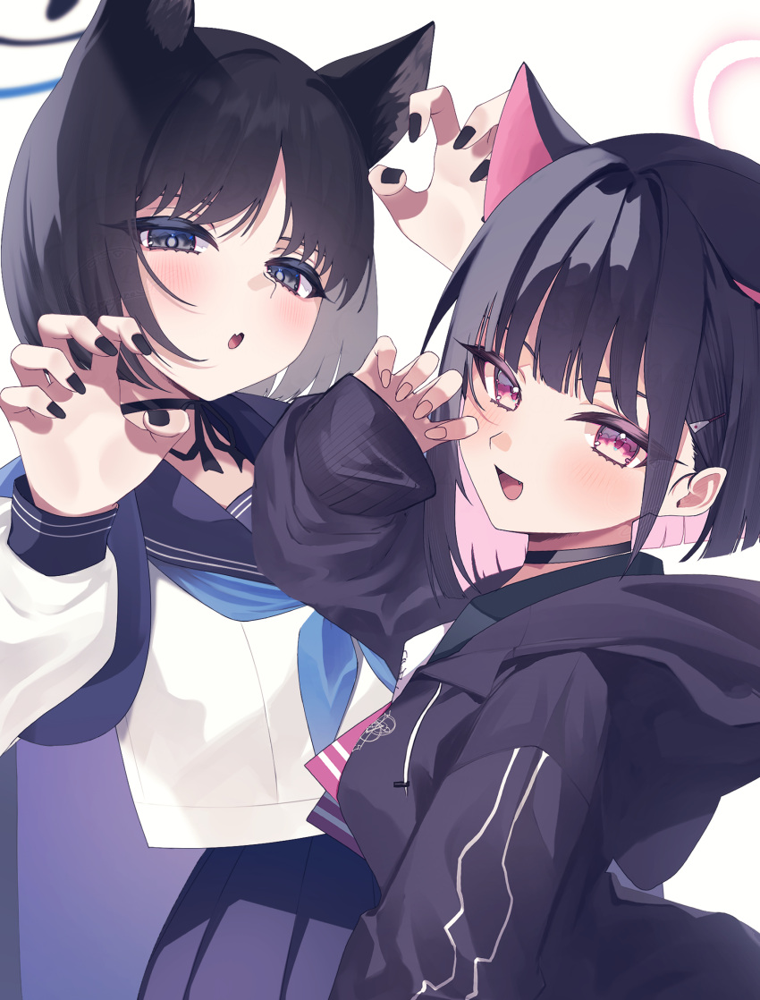 2girls, absurdres, animal_ear_fluff, animal_ears, black_choker, black_hair, black_hoodie, black_nails