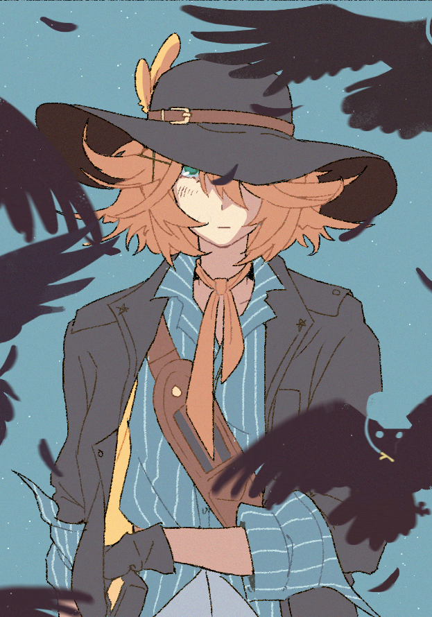 1girl, addendium, arm_at_side, bird, black_feathers, black_gloves, black_hat, black_jacket