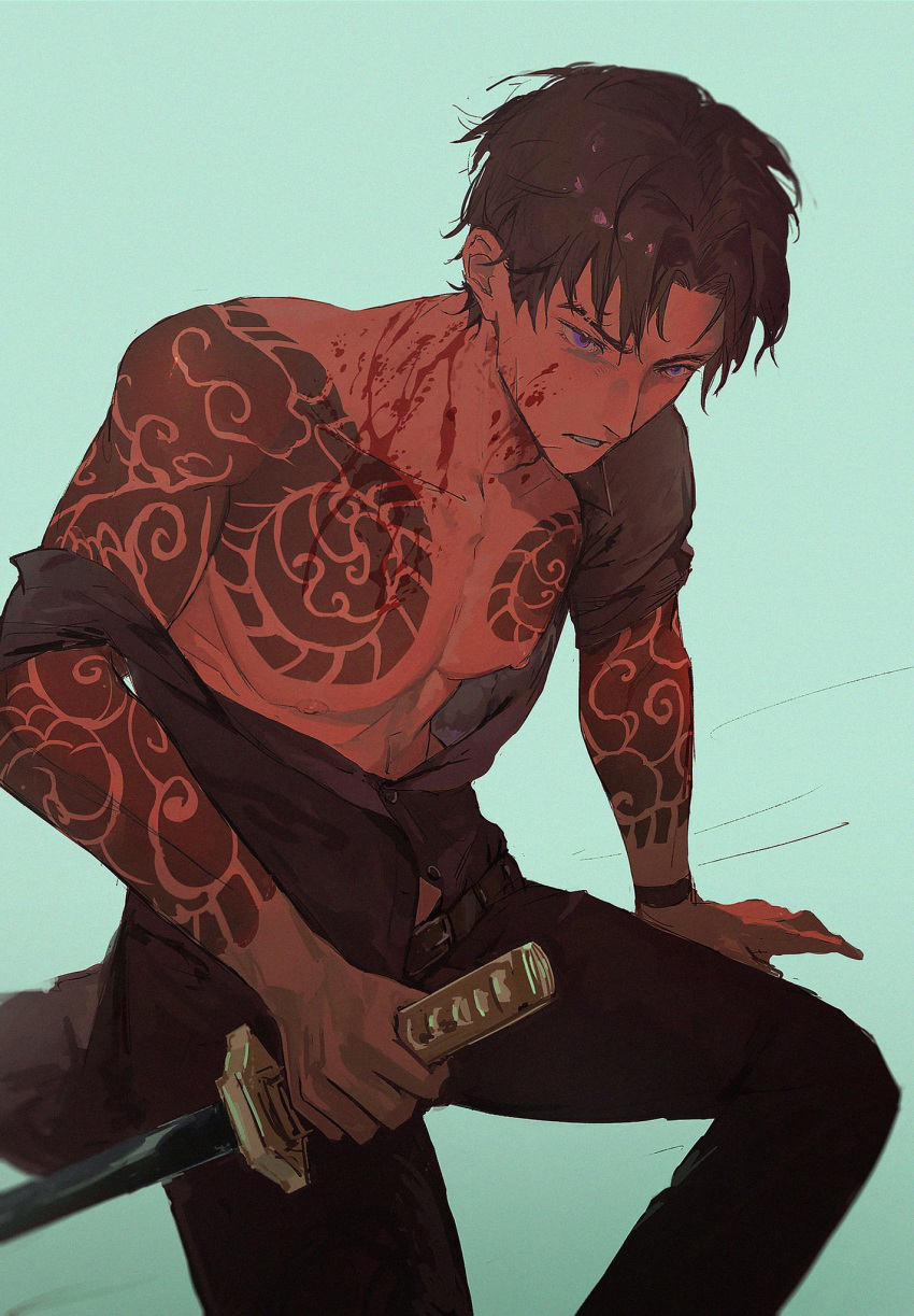 1boy, arm_tattoo, biexuejianzhu, black_hair, black_pants, black_shirt, blood, blood_on_face, blood_on_neck, blue_background, chest_tattoo, dark-skinned_male, dark_skin, heathcliff_(project_moon), highres, holding, holding_sword, holding_weapon, katana, limbus_company, male_focus, open_clothes, open_shirt, pants, project_moon, shirt, short_hair, simple_background, solo, sword, tattoo, violet_eyes, weapon