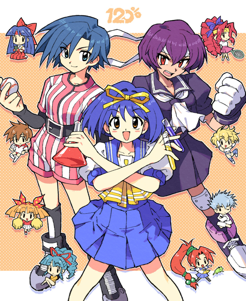 6+girls, :d, asuka_120_percent, athletic_leotard, ball, baseball_(object), baseball_uniform, belt