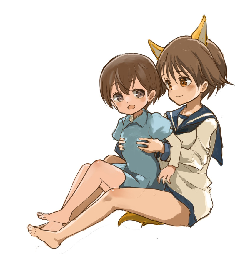 2girls, animal_ears, blue_dress, blue_sailor_collar, blush, brown_eyes, brown_hair, christiane_barkhorn