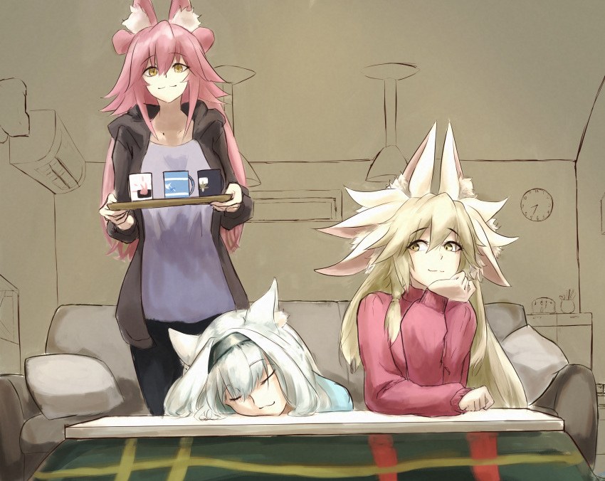 3girls, absurdres, animal_ears, blonde_hair, contemporary, couch, cup, dobrynya_nikitich_(fate)
