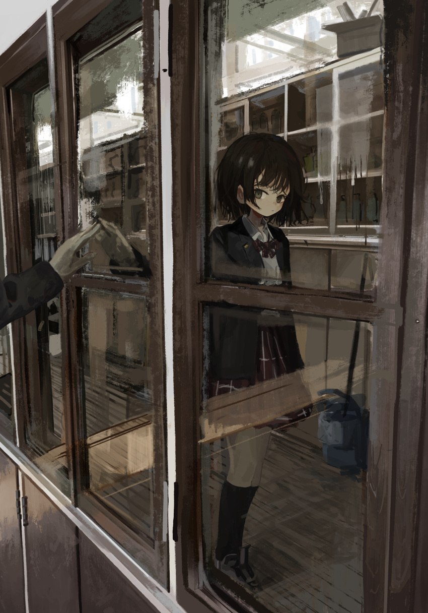 1girl, absurdres, bag, black_eyes, black_hair, black_jacket, black_socks, blazer, bow, bowtie, closed_mouth, collared_shirt, eliot_(eokaitekaite969), highres, indoors, jacket, kneehighs, looking_at_viewer, mop, mop_bucket, open_clothes, open_jacket, original, plaid_clothes, plaid_skirt, pleated_skirt, red_bow, red_bowtie, red_skirt, reflection, school_bag, school_uniform, shirt, shoes, short_hair, skirt, socks, solo, standing, white_shirt, window