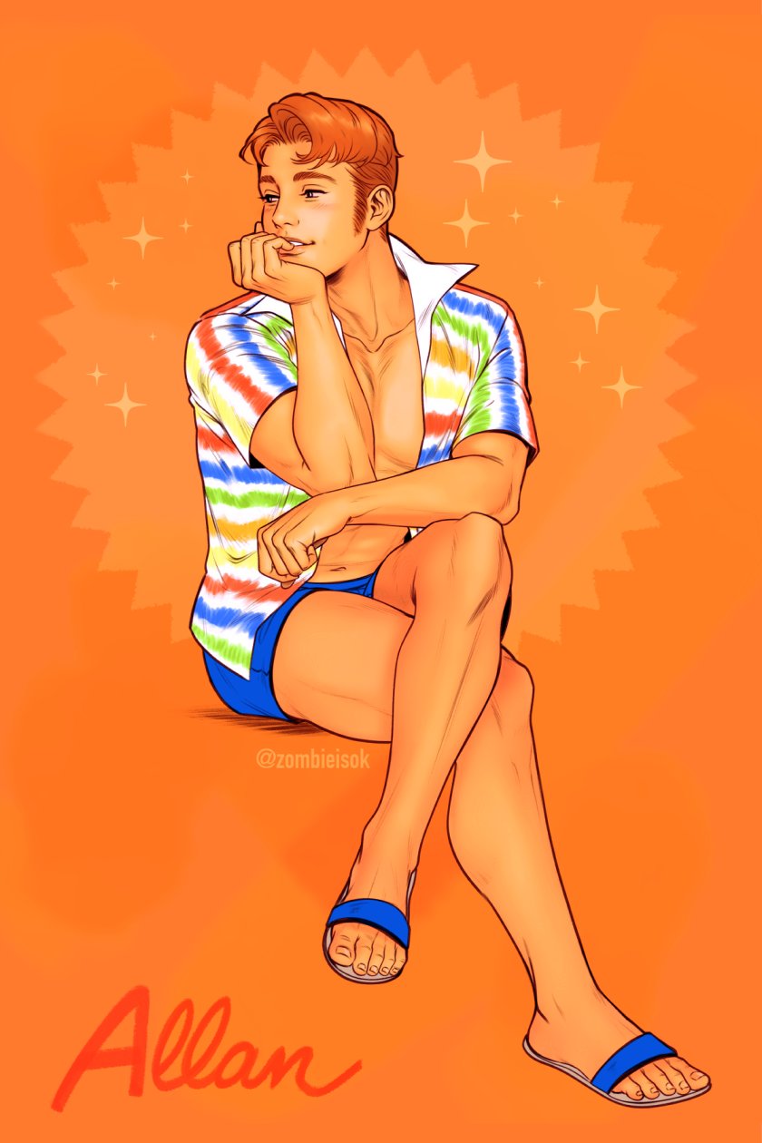 1boy, allan_(barbie), barbie_(franchise), barbie_(live_action), bare_pectorals, blue_eyes, blue_shorts, collarbone, collared_shirt, commentary, crossed_legs, curtained_hair, elbow_on_knee, english_commentary, full_body, head_rest, highres, looking_to_the_side, male_focus, nipples, open_clothes, open_shirt, orange_background, orange_hair, parted_lips, pectorals, sandals, shirt, short_shorts, shorts, sideburns, solo, sparkle, striped_clothes, striped_shirt, teeth, twitter_username, zombiedaisuke