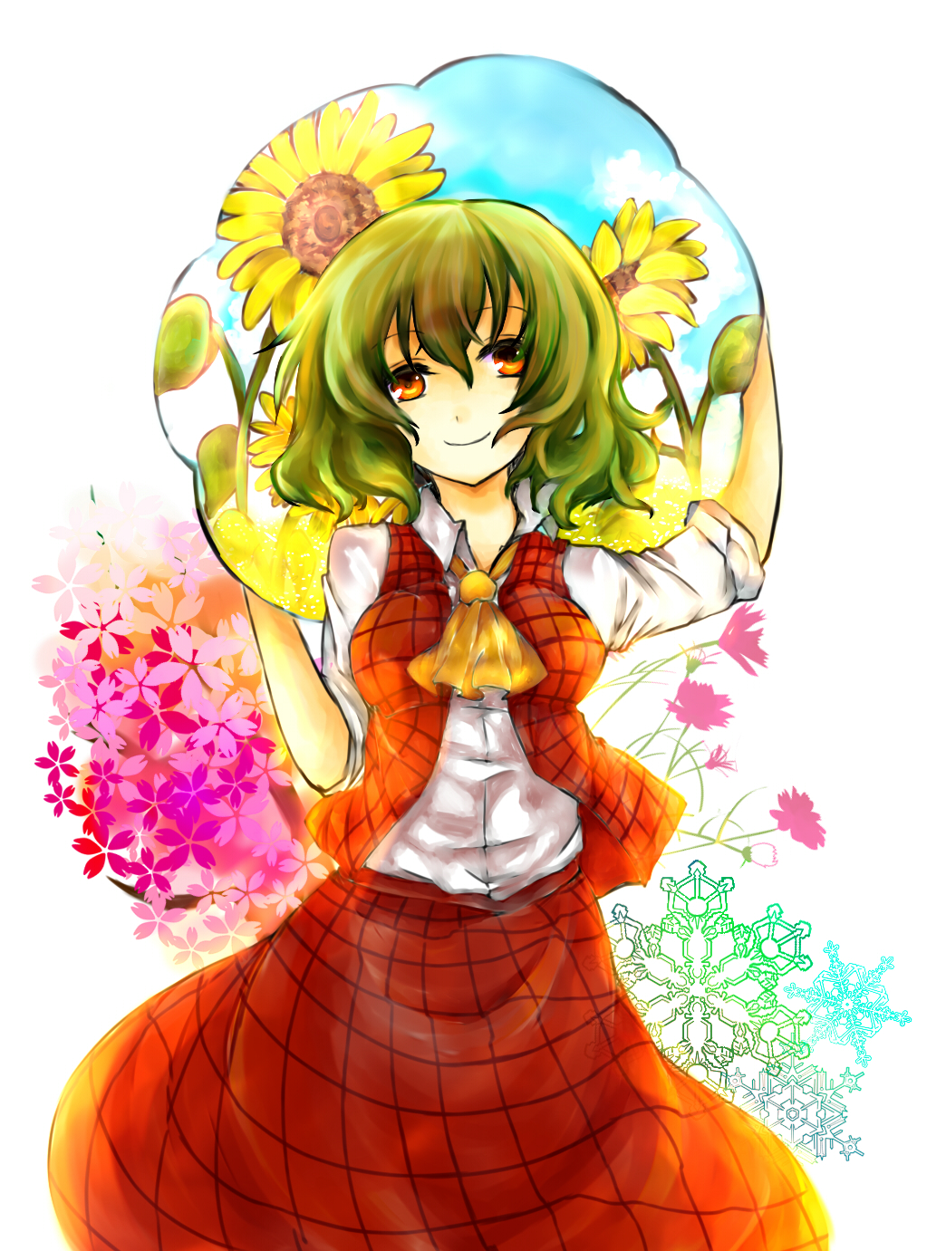 ascot, blush, cherry_blossoms, flower, green_hair, hand_on_hat, hat, highres
