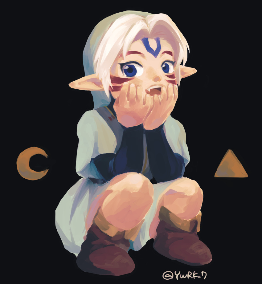 1boy, absurdres, black_background, blue_eyes, boots, brown_boots, commentary_request, facial_mark