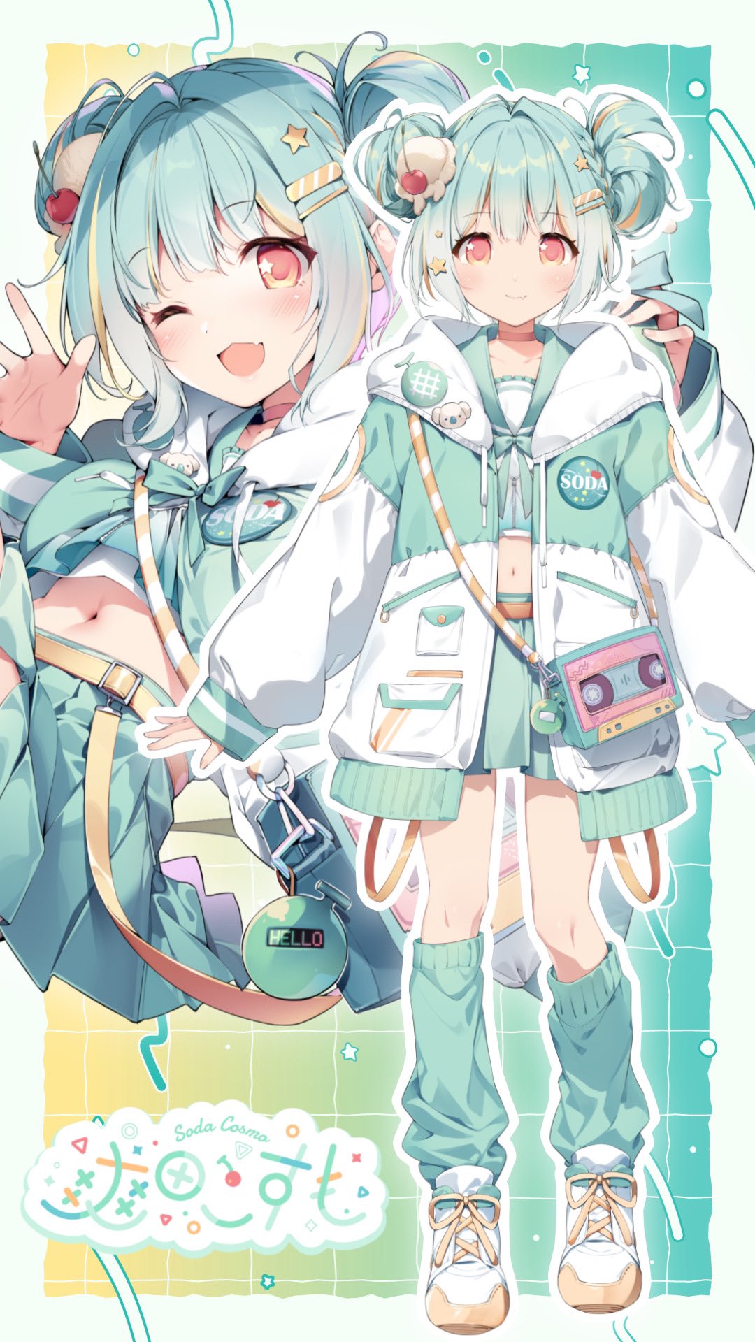 1girl, ;d, bag, character_name, choker, clothes_between_thighs, fang, first_stage_production