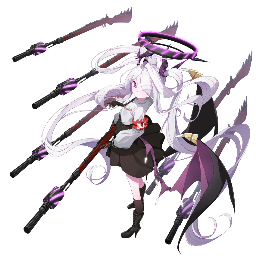 1girl, absurdres, alternate_costume, armband, black_boots, black_gloves, black_halo, black_horns