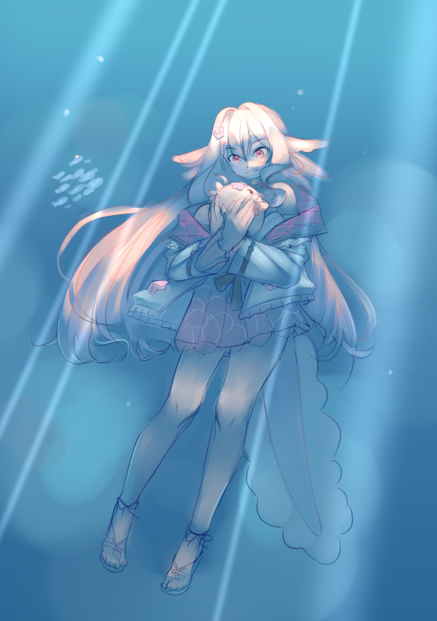1girl, axolotl_girl, blonde_hair, closed_mouth, commentary, creature, dress, english_commentary, gon_(piesonscreation), hair_between_eyes, hair_intakes, highres, holding, holding_creature, jacket, lottie_shinju, open_clothes, open_jacket, pink_dress, pink_eyes, pixellink, sandals, shell_hair_ornament, smile, underwater, virtual_youtuber, white_jacket