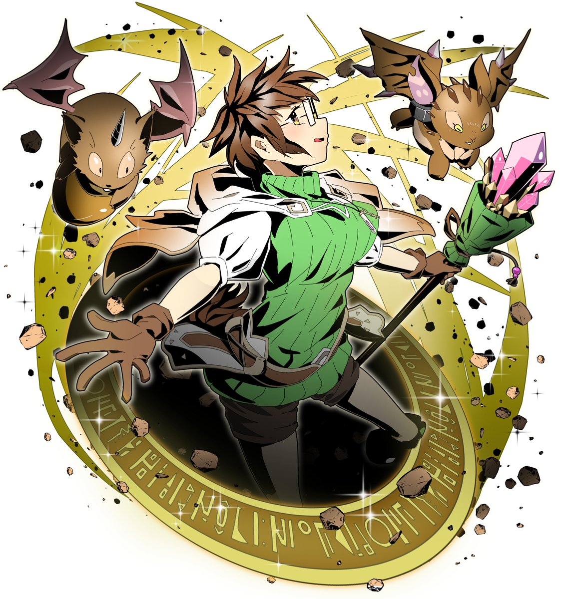 1girl, aussa_(yu-gi-oh!), aussa_the_earth_charmer, brown_eyes, brown_gloves, brown_hair, cowboy_shot, duel_monster, glasses, gloves, green_sweater, highres, magic_circle, short_hair, simple_background, solo_focus, sweater, tomiyama_mishiro, white_background, yu-gi-oh!