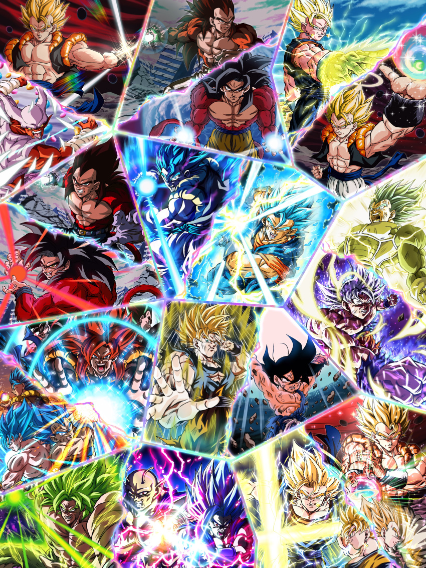abs, absurdres, aura, black_hair, body_fur, broly_(dragon_ball_super), dougi, dragon_ball, dragon_ball_gt, dragon_ball_super, dragon_ball_super_broly, dragon_ball_z, dragon_ball_z_dokkan_battle, earrings, gloves, gogeta, gohan_beast, highres, hiro_(udkod1ezlyi2flo), jewelry, looking_at_viewer, male_focus, metamoran_vest, monkey_boy, monkey_tail, multiple_boys, muscular, muscular_male, pants, pectorals, piccolo, potara_earrings, red_fur, saiyan, smile, son_gohan, son_goku, spiky_hair, super_saiyan, super_saiyan_4, tail, vegeta, vegetto, yellow_aura
