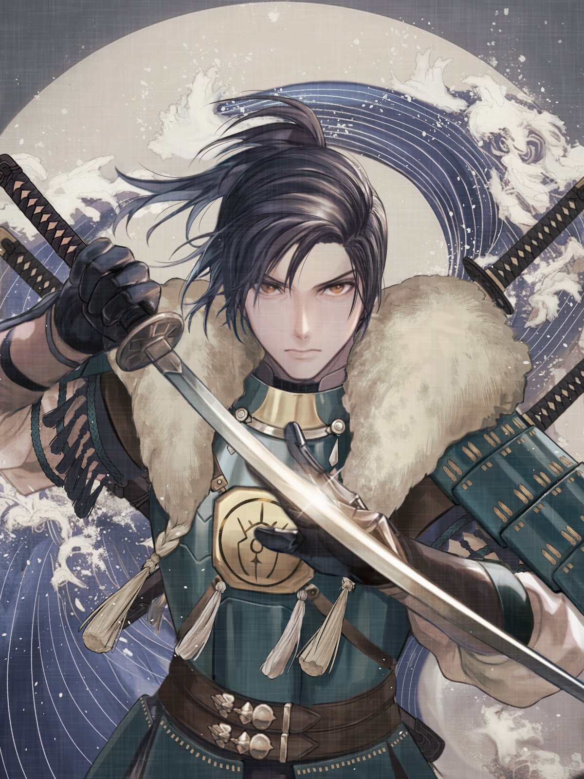1boy, armor, armored_gloves, arms_up, belt, black_hair, brown_belt, closed_mouth