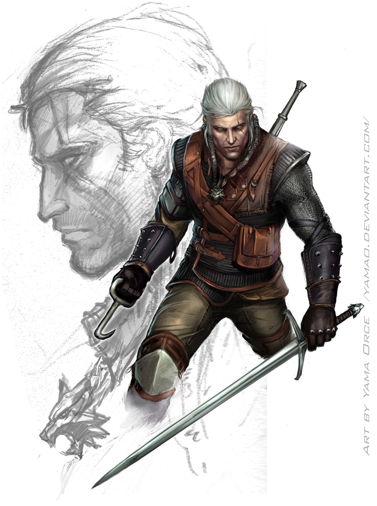 1boy, artist_name, black_gloves, brown_pants, geralt_of_rivia, gloves, holding, holding_sword