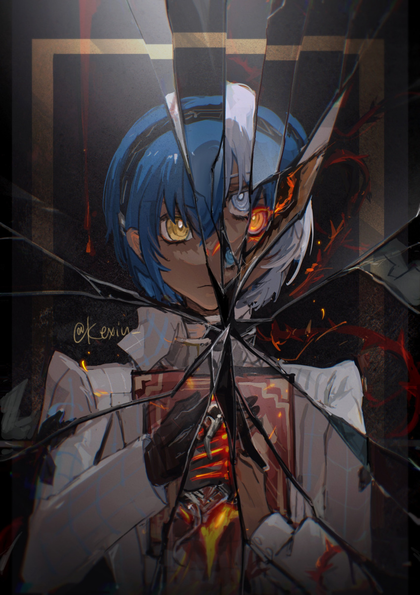 1boy, absurdres, black_gloves, blue_hair, book, broken_mirror, closed_mouth, coat