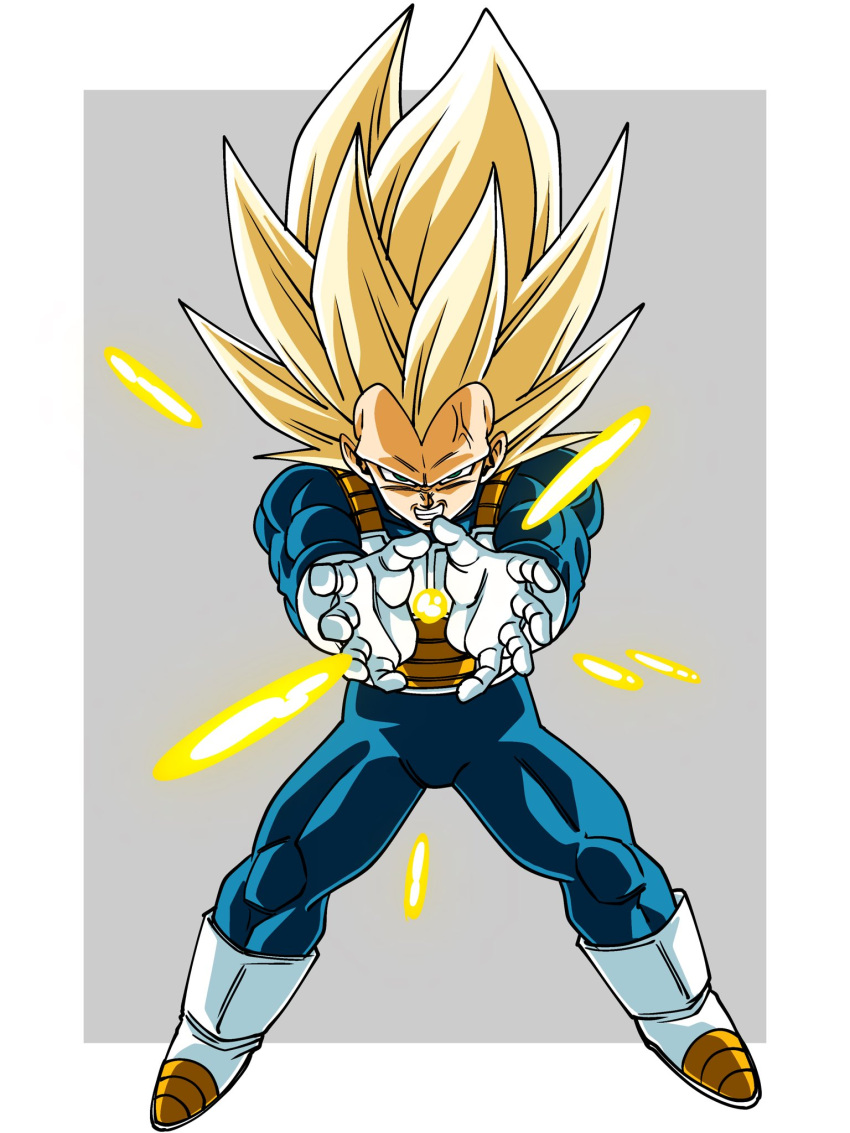 1boy, armor, blonde_hair, blue_bodysuit, bodysuit, boots, border, clenched_hands