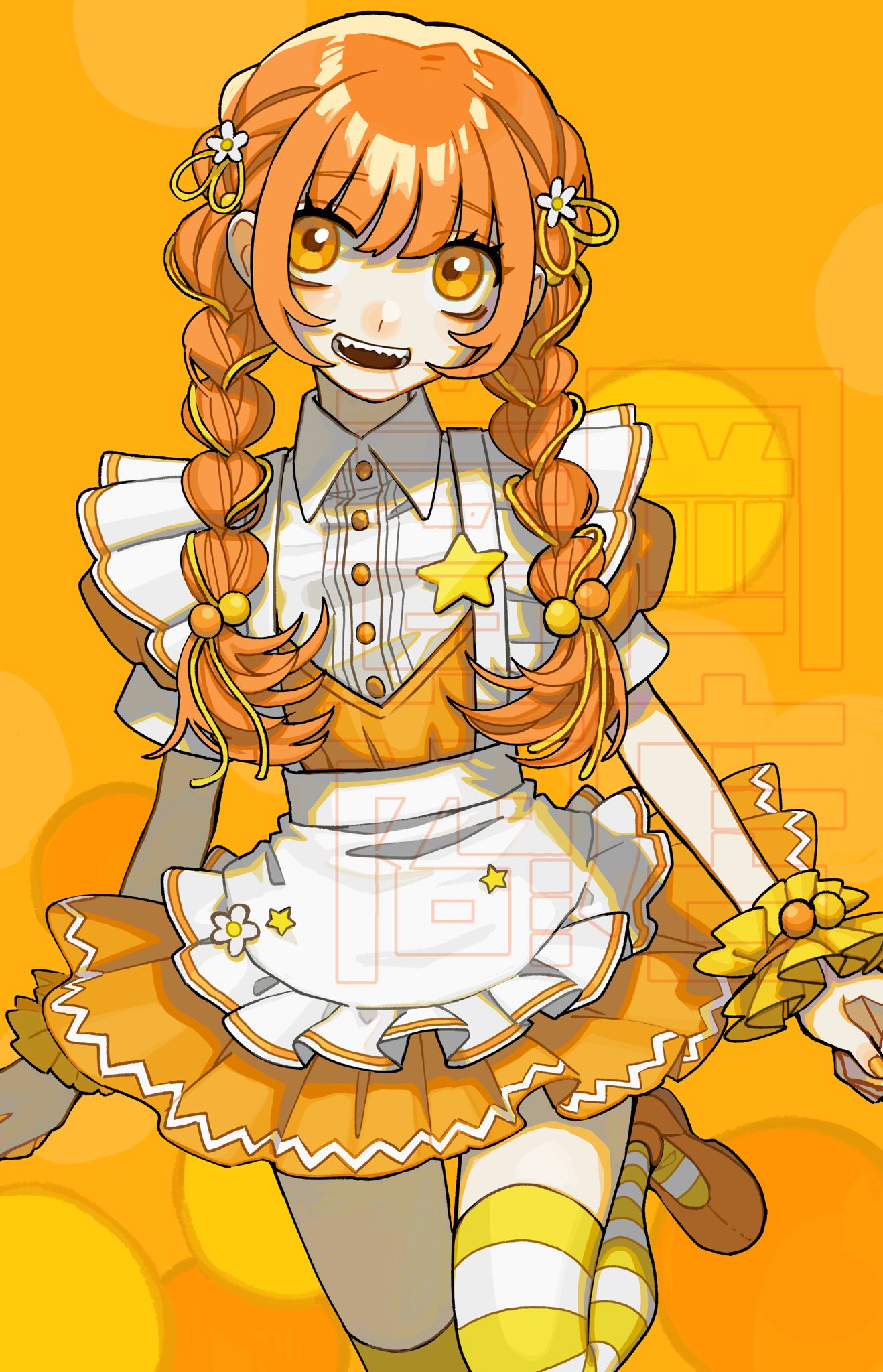 1girl, :d, aegyo_sal, apron, braid, collared_shirt, dress, dress_shirt