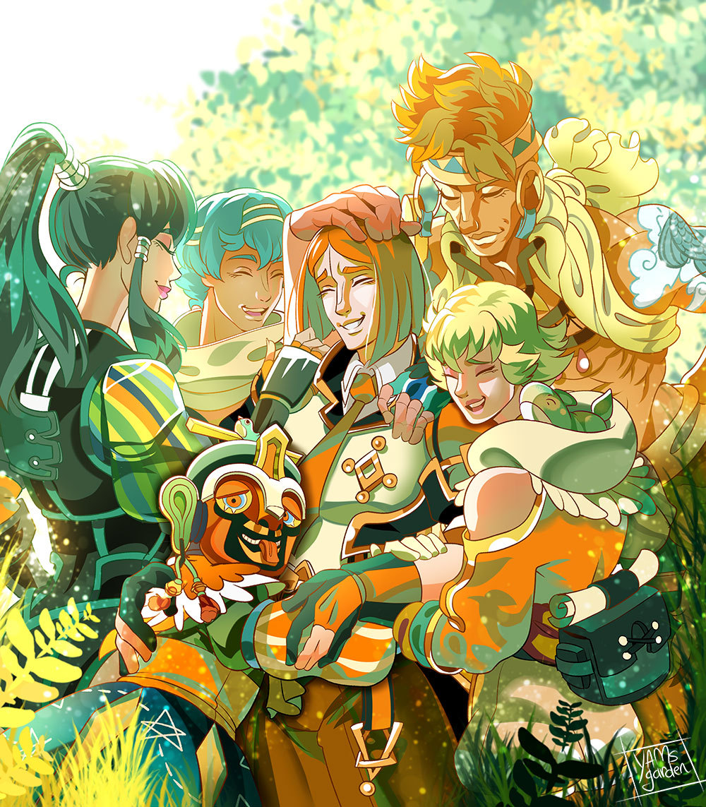 3boys, 3girls, arm_tattoo, artist_name, baten_kaitos, black_hair, blonde_hair, blue_eyes