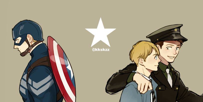 2boys, blonde_hair, bucky_barnes, captain_america, eye_mask, green_background, hat, looking_at_another