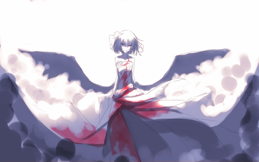 bare_shoulders, bat_wings, blood, dress, highres, remilia_scarlet, solo, tan_(carbon)