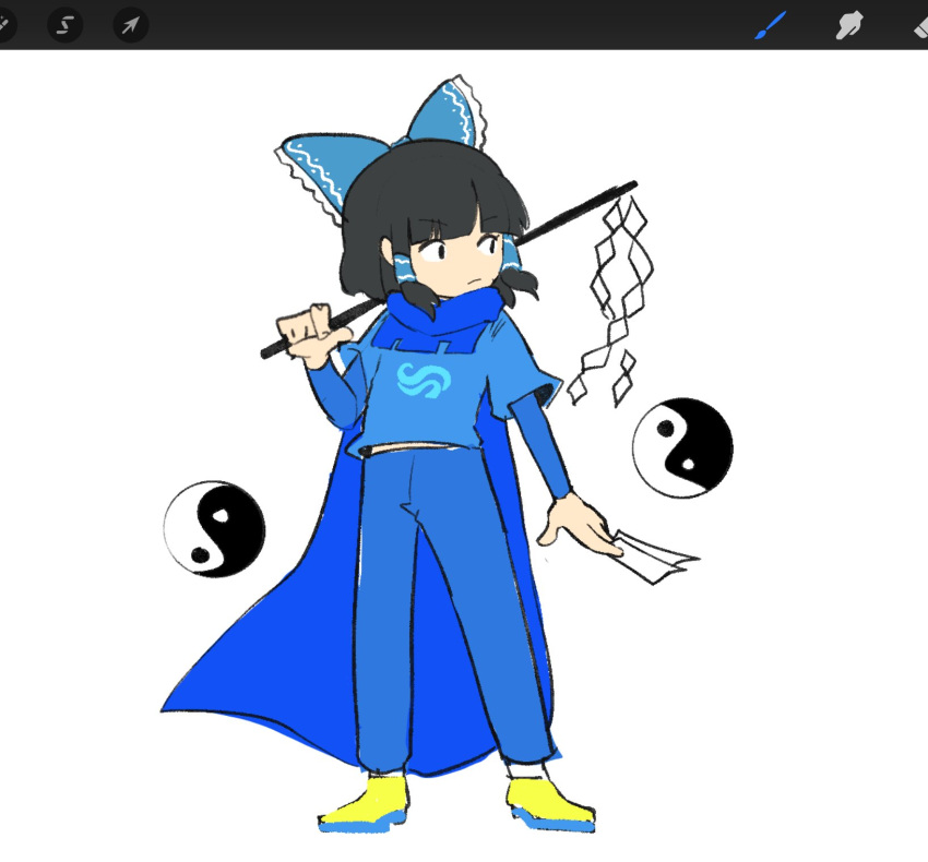 1girl, blue_shirt, bow, breath, full_body, god_tier_(homestuck), hair_bow, hakurei_reimu