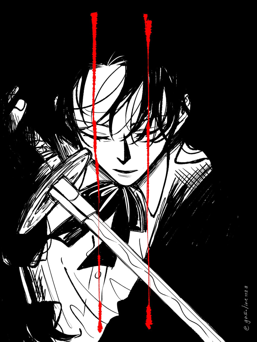1girl, black_background, black_hair, closed_eyes, gasoline1123, greyscale, highres, holding, holding_sword, holding_weapon, kagurabachi, katana, monochrome, samura_iori, school_uniform, solo, sword, weapon