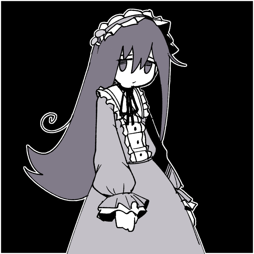 1girl, black_background, dress, food-themed_hair_ornament, frilled_dress, frilled_headwear, frills, greyscale