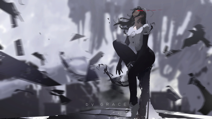 1girl, absurdres, artist_name, bird, black_gloves, black_hair, black_pants, chainsaw_man