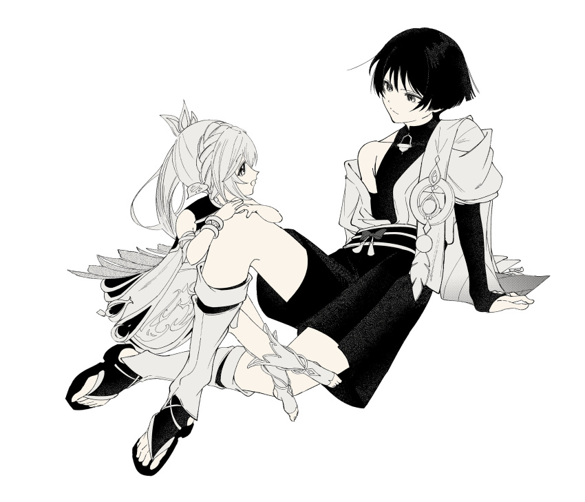 1boy, 1girl, absurdres, anklet, arm_at_side, arm_support, armpit_crease, arms_on_knees
