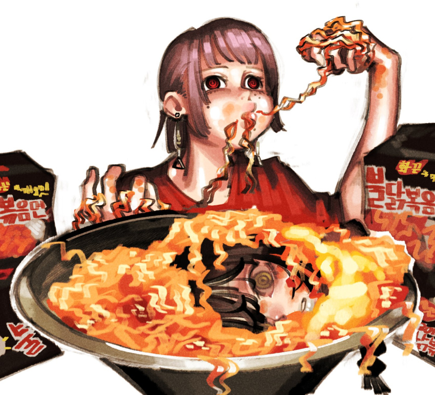 2girls, black_hair, chainsaw_man, earrings, eating, fami_(chainsaw_man), food, gar_rooster, grey_eyes, grey_hair, highres, holding, holding_food, jewelry, messy, mole, mole_under_eye, mole_under_mouth, multiple_girls, multiple_moles, nayuta_(chainsaw_man), noodles, red_eyes, red_shirt, ringed_eyes, shirt, simple_background, solo, white_background