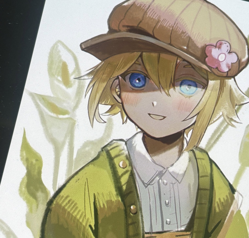 1boy, basil_(faraway)_(omori), basil_(omori), blonde_hair, blue_eyes, blush, brown_hat, collared_shirt