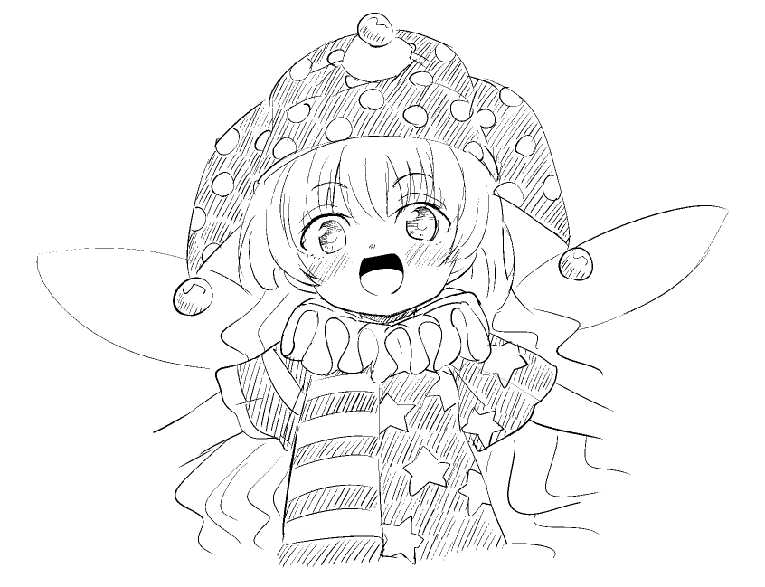 1girl, :d, american_flag_dress, blush, clownpiece, commentary_request, cropped_torso, fairy_wings