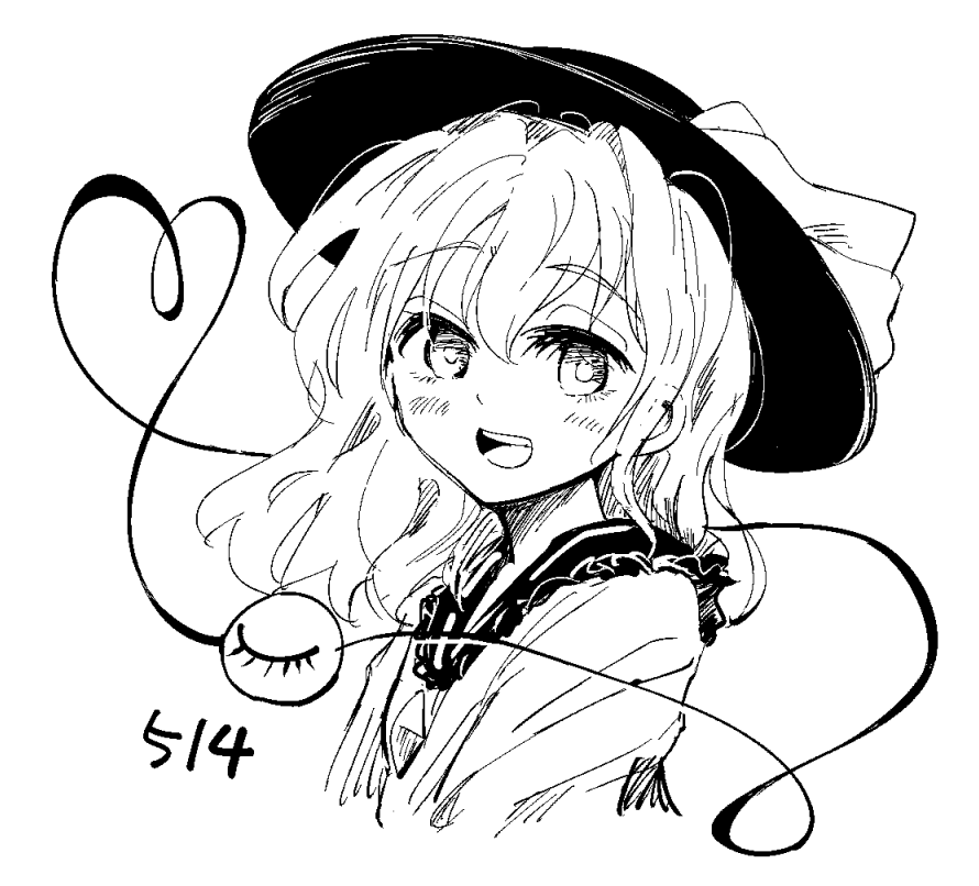 1girl, blush, commentary_request, cropped_torso, greyscale, hair_between_eyes, hat, heart