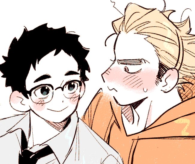 2boys, :>, black_hair, black_necktie, blonde_hair, blue_eyes, blush, brown_eyes