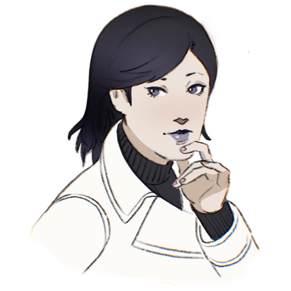 1girl, black_hair, coat, eyeshadow, hand_on_own_chin, jacket, leylinefount, lipstick